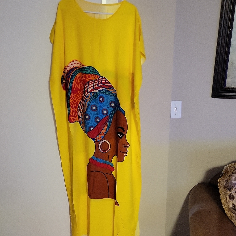 Vibrant Yellow Kaftan Dress with Artistic Print